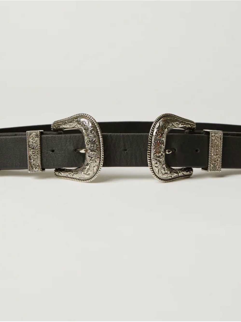 Double Buckle Western-Style Black Leather Belt with Engraved Silver Buckles
